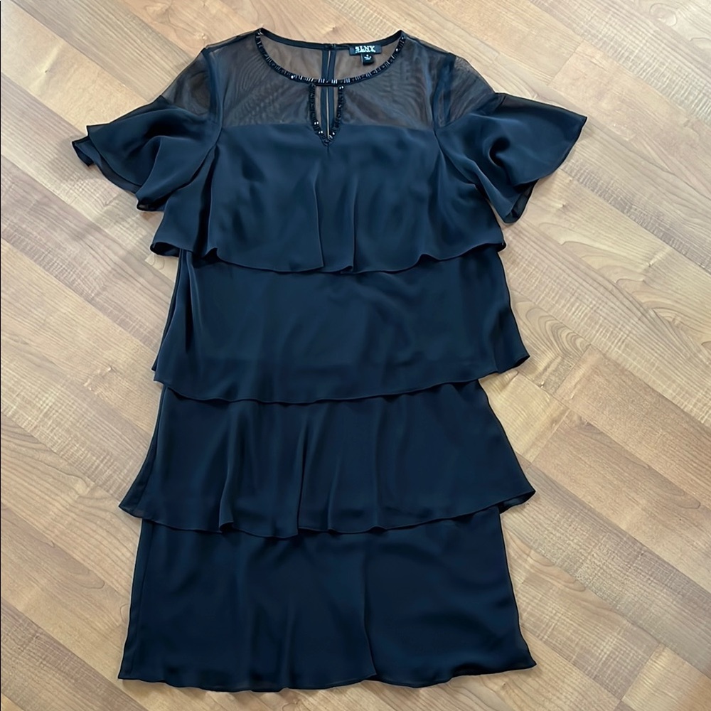 SLNY Black Ruffled Sheath Dress with Flutter Sleeves